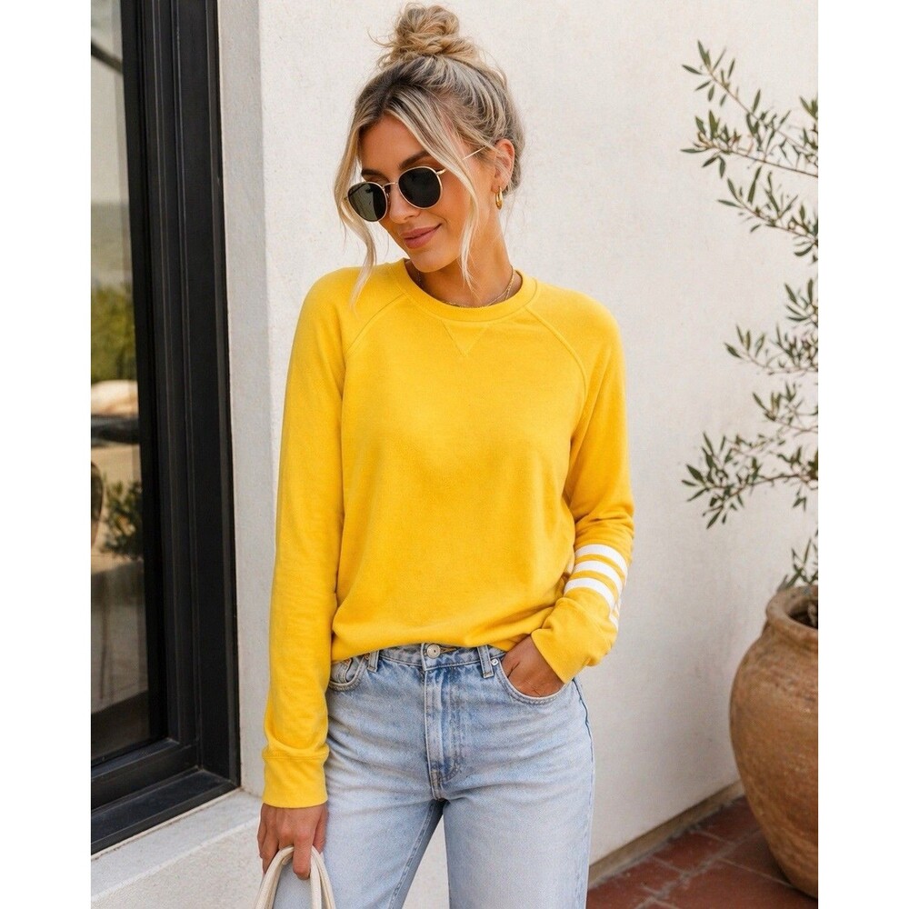 Sol Angeles Yellow Wave Graphic Crewneck Sweatshirt Pullover Women Small Casual